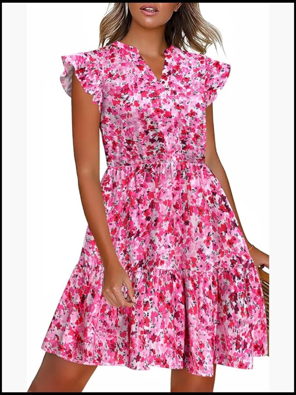 Polyester Spandex Short Sleeve Mini Dress with Pockets Ruffle Tiered